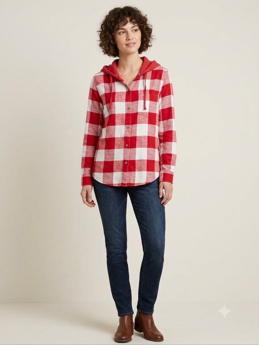 Time and Tru Red and White Plaid Hooded Button-Down Shirt